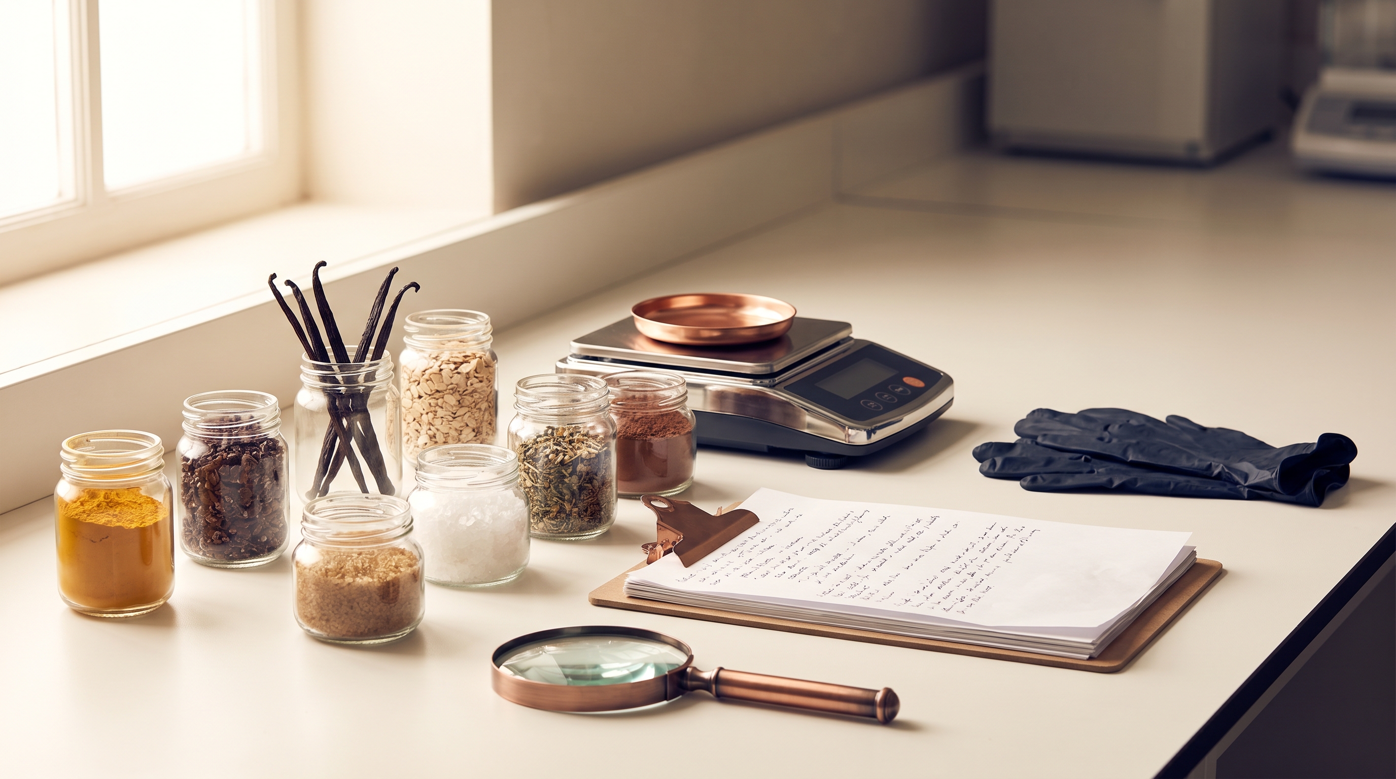 Editorial still life on a clean lab bench with small jars of varied dried botanical ingredients, a digital scale, a clipboard, and a magnifying glass in soft warm window light.